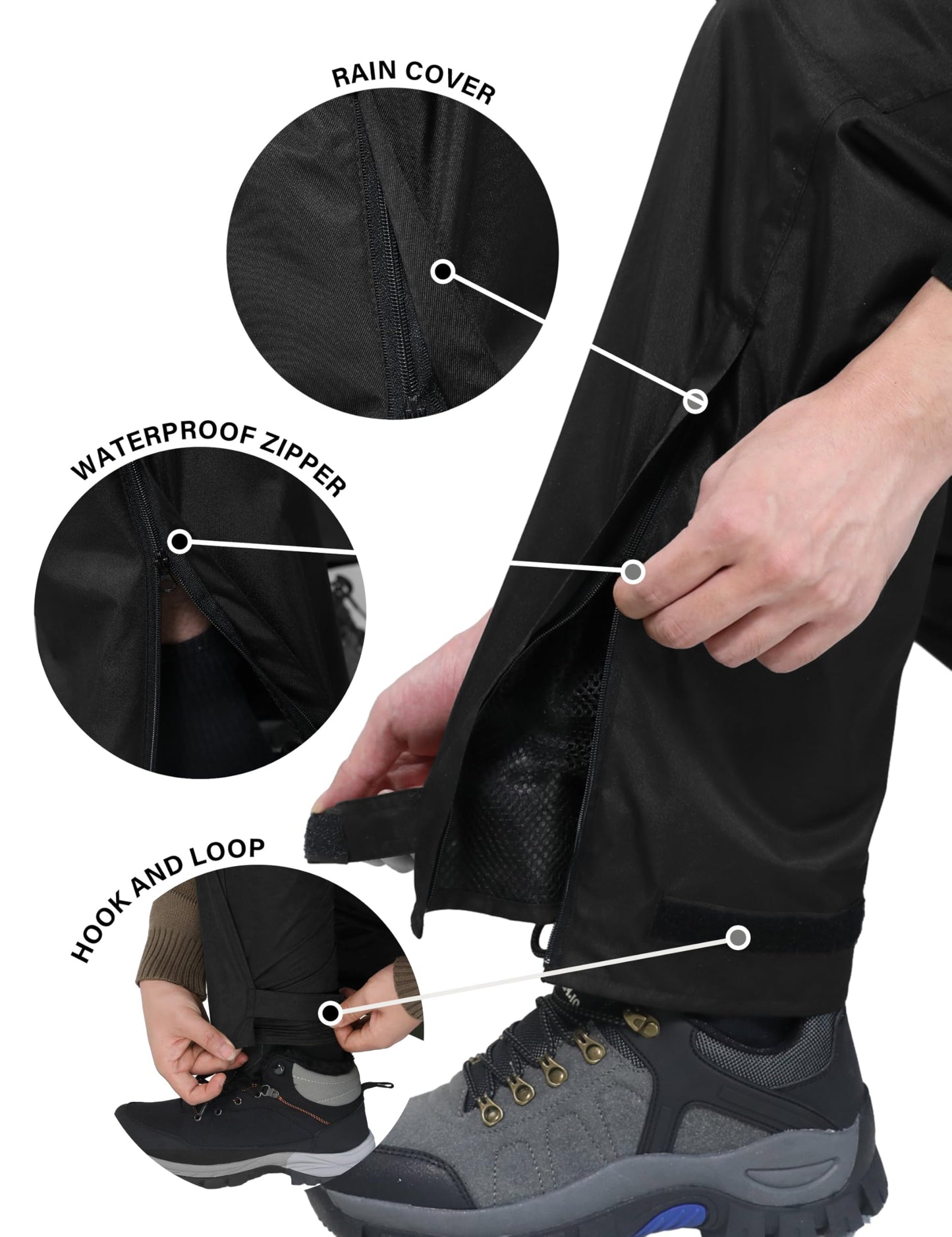 iCreek Men's Rain Pants Waterproof Over Pants Windproof Lightweight Hiking Pants Work Rain Outdoor for Golf, Fishing (Black, XX-Large/28 Inseam)