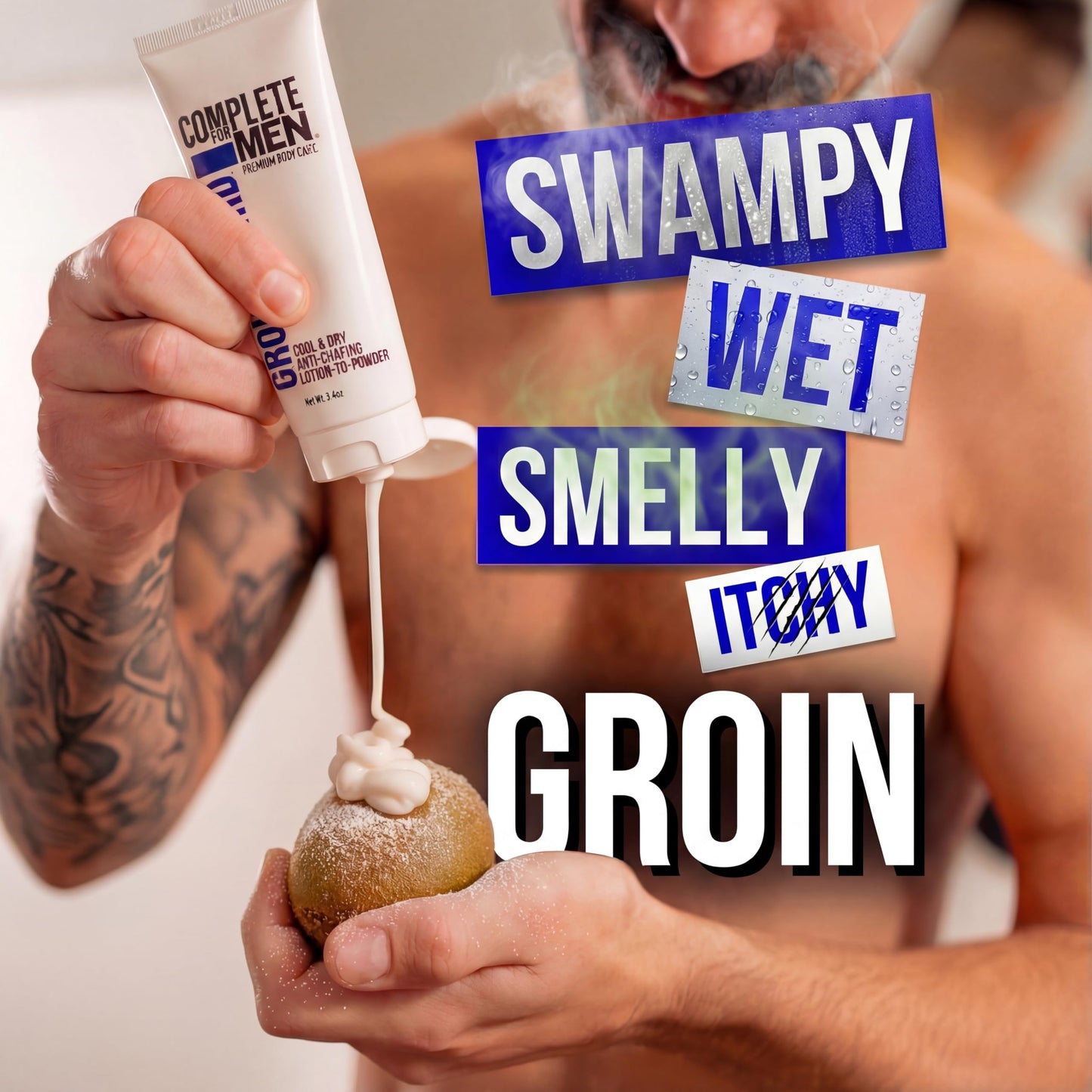 COMPLETE FOR MEN Groin Guard Anti-Chafing Cream Lotion to Powder, Stops Chafing, Sweat Defense, Odor Control, Fresh Scent, Ball & Thigh Protection