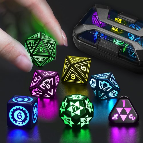 FONVGOGO Light up DND Dice Set Rechargeable with Charging Box for Dungeons and Dragons Polyhedral Unique Cool LED Colored Dice Set D and D Glow in The Dark Dice 7 Color (G-RGB)