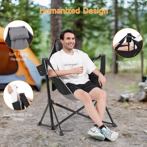 Dovov Hammock Camping Chair, Portable Folding Swinging Chairs with Headrest and Cup Holder, Outdoor Oversized Rocker Seat with Adjustable Back and Metal Frame for Camping, Patio, Garden, Black