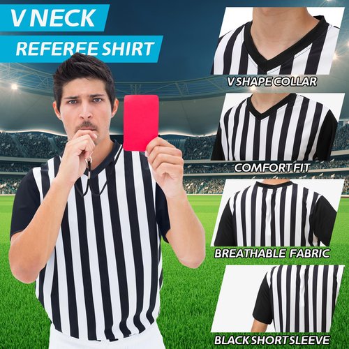 Skicuff Men's Referee Shirt V Neck Umpire Jersey Black Short Sleeve Ref Shirt Costume for Men Women Football Soccer (XL)