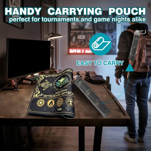 PROMAXIBINDER MTG Playmat with Magic Zones, 24x14in Playmat for Magic The Gathering, Commander Card Game Battles, Durable & Stain-Resistant Duel Mat for Beginners & Pros, Non-Slip, Soft Surface, Black
