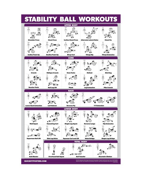 Exercise Ball Workout Poster - Stability Ball Routine - Balance Ball - Laminated - 18" x 24"