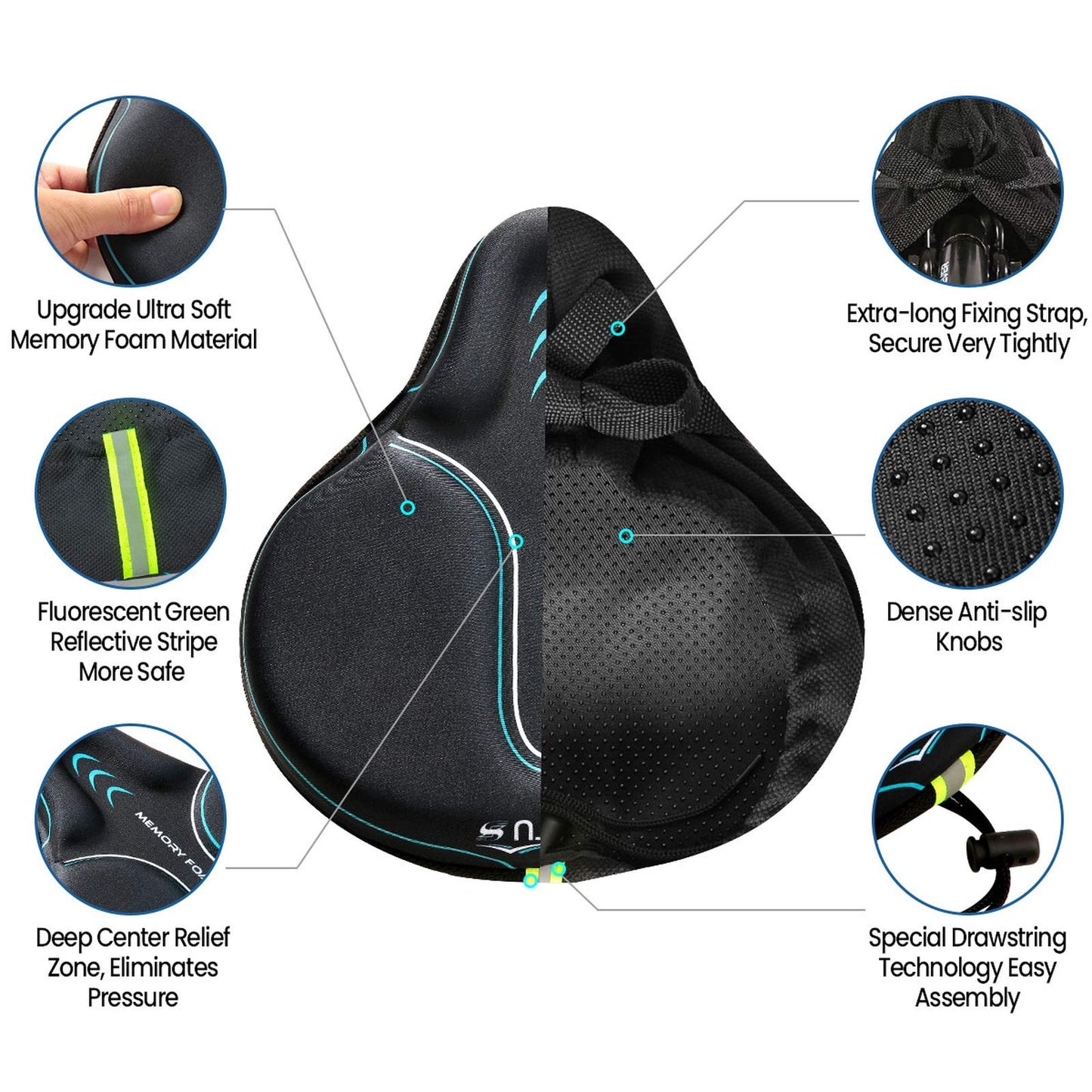 Sanctus Bike Seat Cushion Cover Memory Foam, Large Wide Bicycle Saddle Soft for Men Women, Comfort Exercise Cycle Seats Cover Padded Fits Stationary Bikes, Cruiser, Spin, with Waterproof Cover Blue