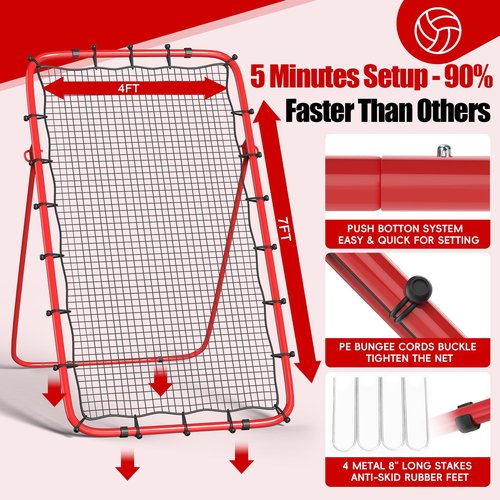 Volleyball Rebounder Net 7x4 Ft with Portable Travel Bag, 5-Angle Adjustable Rebounder Net for Practicing Digging, Setting, Spiking, Bounce Back Training Equipment with 2 Target Stripes & 4 Sand Bags