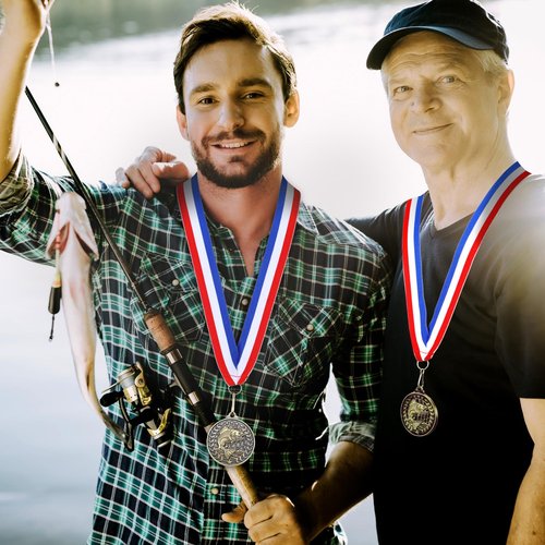 Remuuly 30 Pcs Award Medals Bulk 2'' Gold Trophy Award Winner Metal First Place with Neck Ribbons Award Prize Gift for Tournaments Match Sports Competition Teams Adult (Fishing)