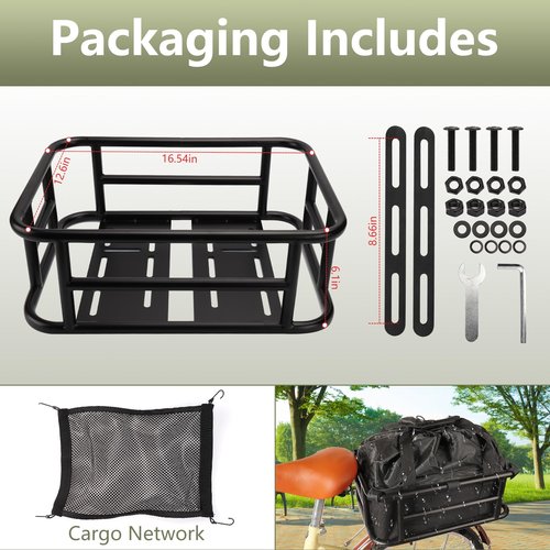 Rear Bike Basket,Bike Basket with Waterproof Liner and Cargo Net,Easy to Install,Maximum Load 100LB,Large Adults Bicycle Baskets Back of E-Bike and Bicycle