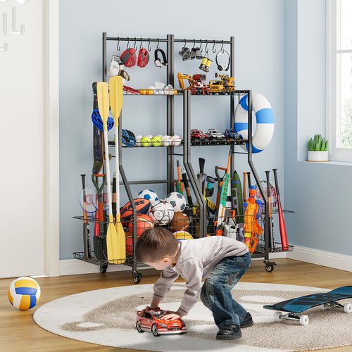 Sports Equipment Organizer for Garage - LALA IKAI Compact Mobile Gym Storage Rack with Locking Wheels & Multi-Purpose Hooks for Sports Gear, Fitness Accessories, Nerf Gun, Balls & Foam Rollers