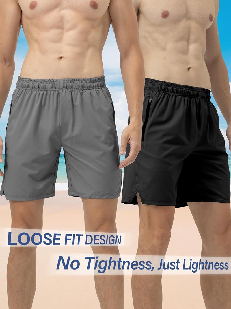 Mens Athletic Shorts 3 Pack Quick Dry Gym Running With Zipper Pockets - Black/Gray/Charcoal Medium