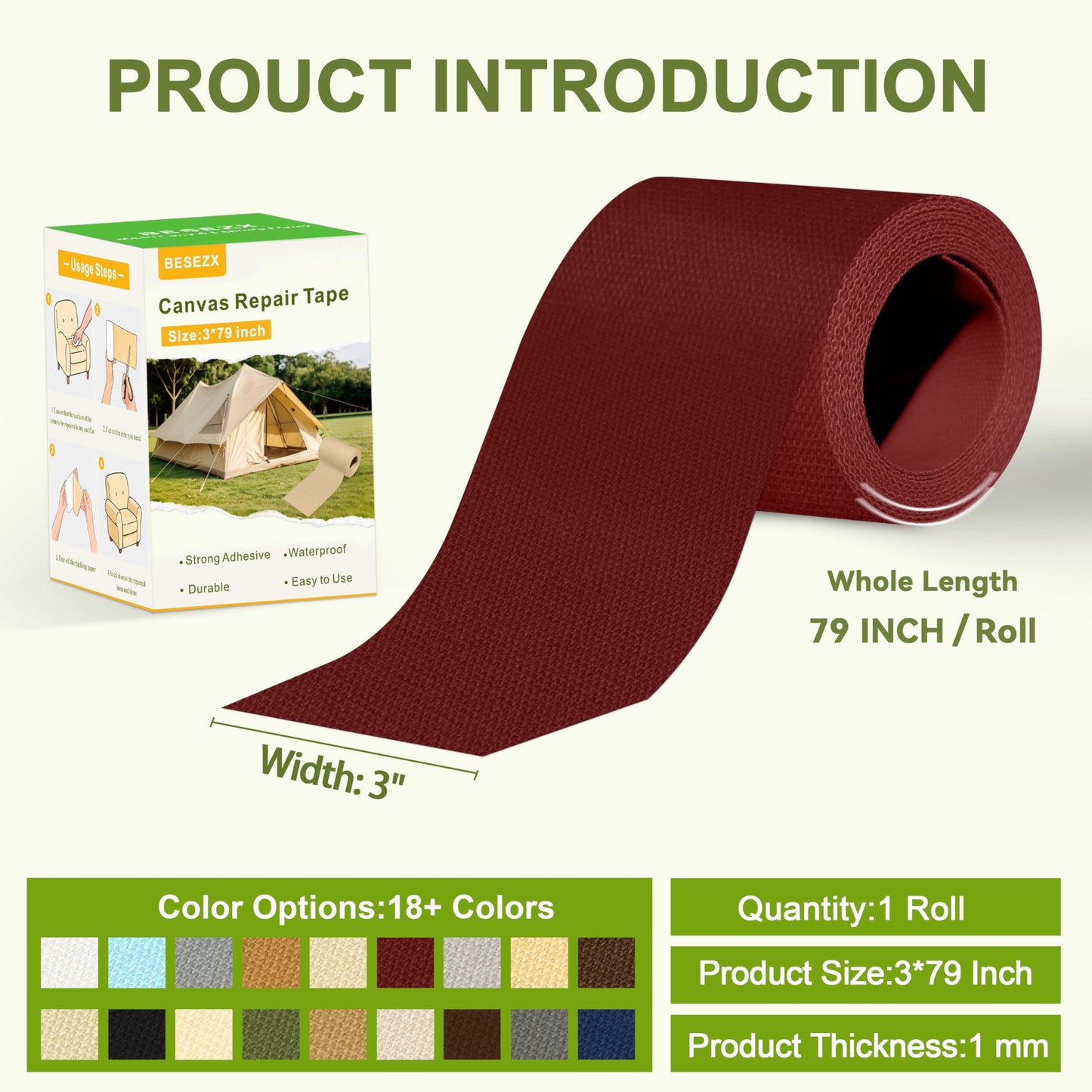 Besezx Canvas Repair Tape,Outdoor Gear Patch, 3x79 Inches,Waterproof Self-Adhesive Fabric Repair Tape for Repairing Boat Covers,Sun Shades,Sofas,Tents,Lounge Chairs,Awnings (Burgundy)