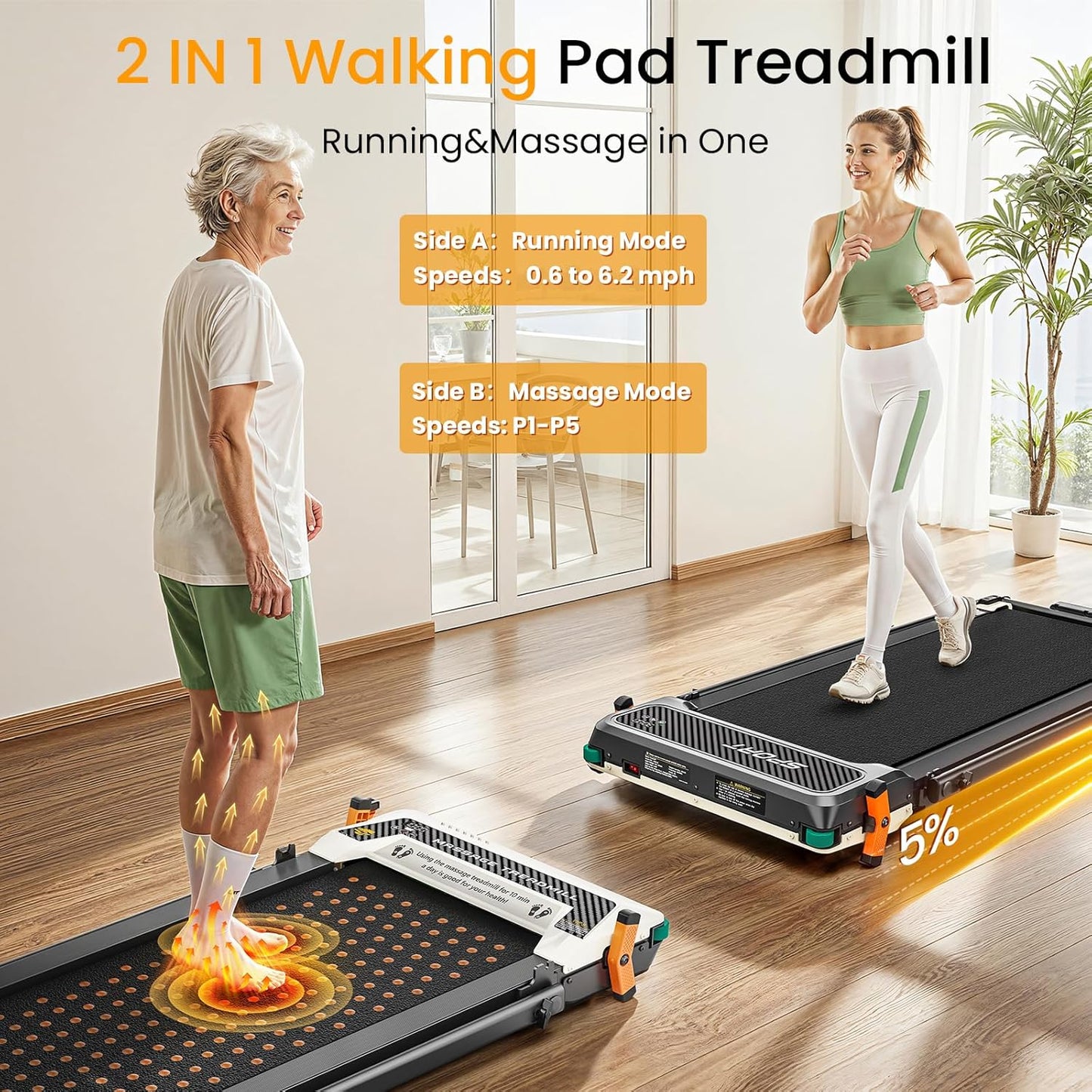 2 Side Walking Pad Treadmill with Incline Massage Function, 2 in 1 Under Desk Treadmills Walking Pad and Foot Massager for Home/Office, Portable Treadmill with Remote Control LED Display