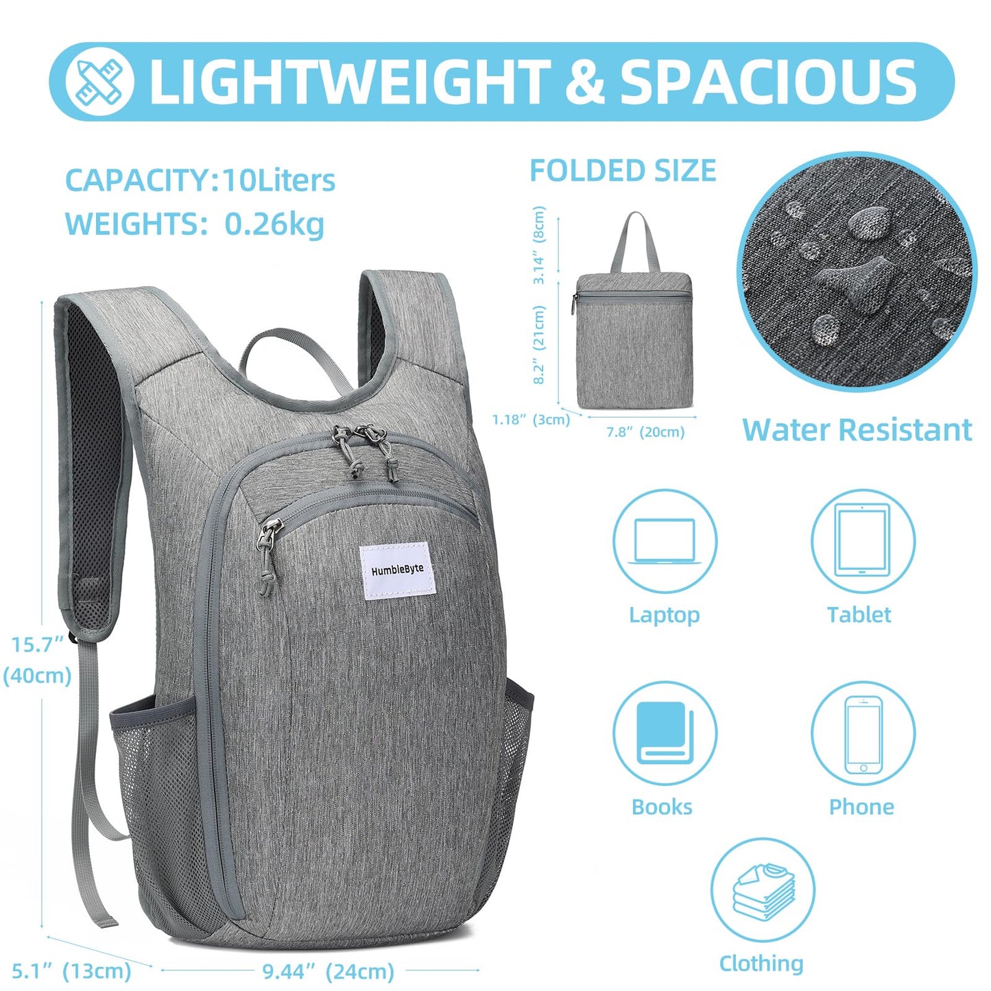 HumbleByte 10L Foldable Lightweight Backpack – Packable Travel Daypack for Hiking, Cycling & Everyday Use – Water-Resistant Travel Bag with Multi-Pocket Design for Women & Men(Gray)