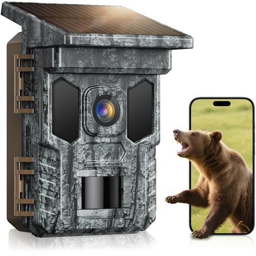 VIDVIS WiFi Trail Camera Solar, 4K 64MP Game Cam with Night Vision Motion Activated Waterproof IP66, 0.2s Trigger Trail Cam with 850nm Low Glow Infrared LEDs, Wildlife Camera with 32GB SD Card