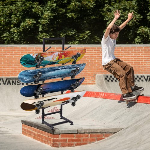 Skateboard Racks Floor Stand, 5-Tiers Freestanding Water Ski Rack Wakeboard Rack, Standing Skateboard Display Stand, Single Sided Floor Skateboard Organizer Rack