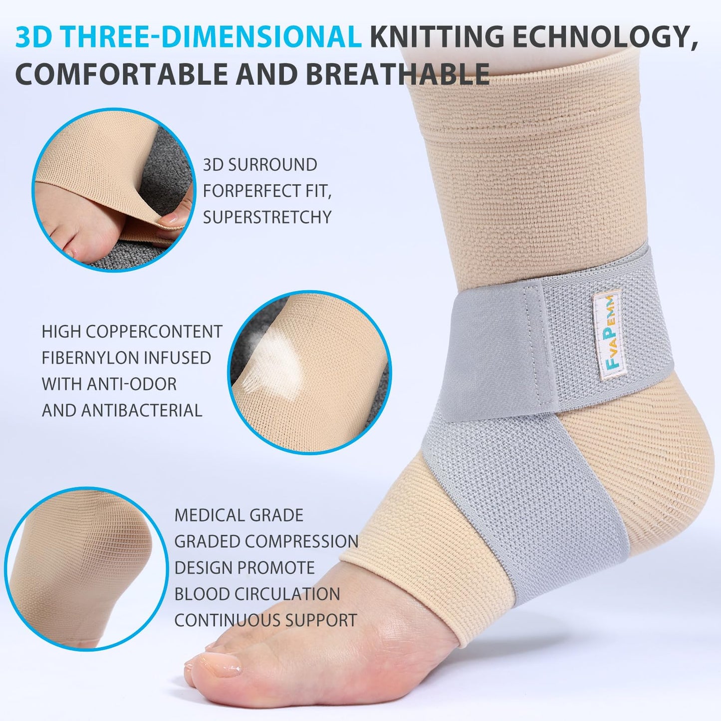 FvaPemm Copper Ankle Brace for Women Men 2 Pack Ankle Compression Sleeve Support for Sprained Ankle, Plantar Fasciitis Relief & Achilles Tendonitis Brace, Sports, Running, Nude, S