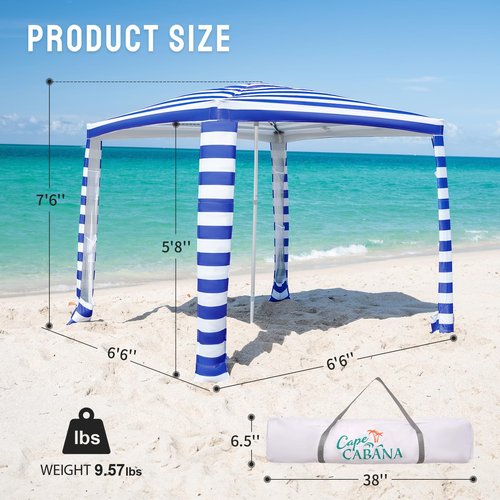 CROWN SHADES Beach Cabana 6.5 x 6.5, Umbrella Canopy Tent Easy Pop Up - Beach Cabanas for Sand - UPF50+ Protection with Sidewall and More Pockets, Navy Blue