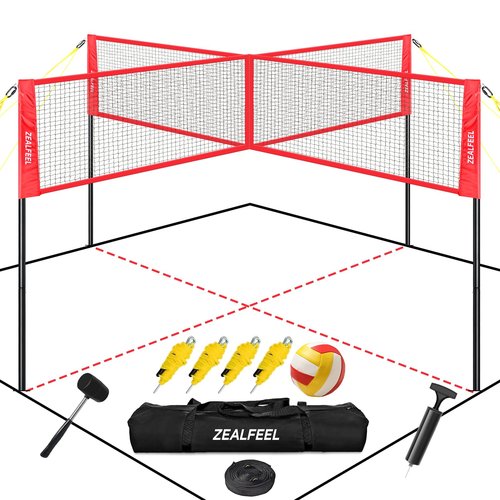 ZEALFEEL 4 Square Volleyball Game Set, 3 Heights Adjustable 4-Way Volleyball Net with Vollyball, Pump, Carry Bag, Hammer, 14 FT 4 Person Net for Backyard Beach Lawn, Great for Family Fun