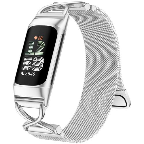 JKD Silver Bands Compatible for Fitbit Charge 6/ Charge 5 Bands Women Men, Magnetic Metal Mesh Strap Solo Loop Wristband Replacement Band for Fitbit Charge 5/ Charge 6 Fitness Tracker Accessories
