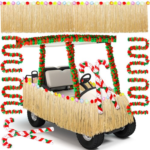 Weysat 8 Pcs Christmas Golf Cart Decorations Kit Hawaiian Leis Red and Green Flower Banner Luau Grass Tropical Car Skirt Candy Canes Balloons for Christmas Golf Cart Parade