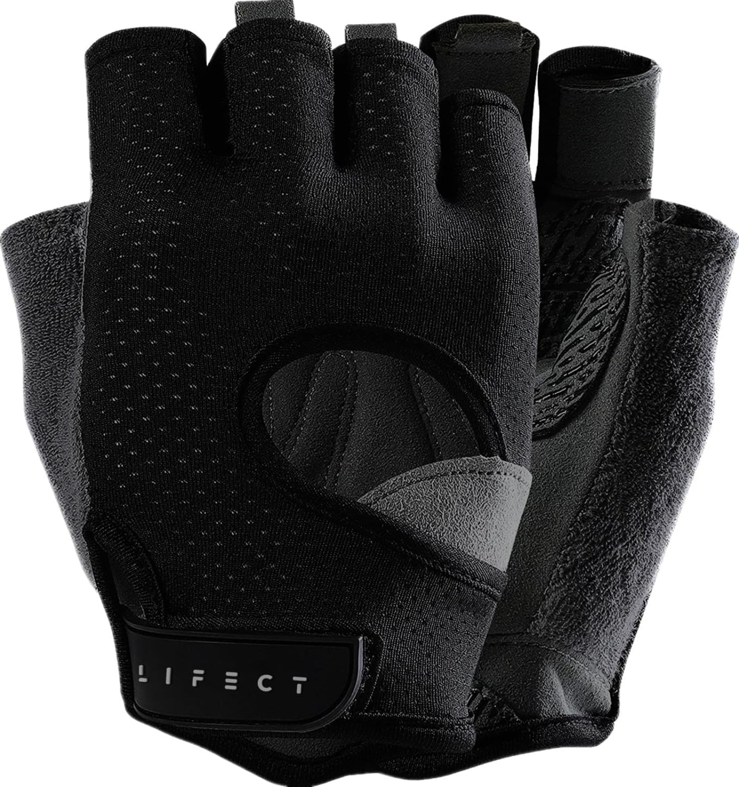LIFECT Freedom Workout Gloves, Knuckle Weight Lifting Shorty Fingerless Gloves with Curved Open Back, for Powerlifting, Gym, Women and Men(Black, Large)