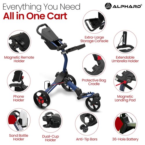 Alphard Electric Golf Cart with Remote - Cybercart Electric Golf Caddy, Motorized Golf Caddy w Accessories - Cup Holder, Umbrella Holder, Anti-tip Wheels, Phone Holder, Magnetic pad - Compact Folding