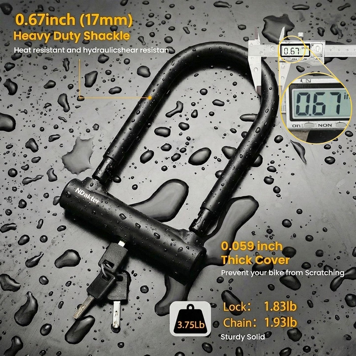 NDakter Bike Locks, 17mm Heavy Duty Anti Theft, Bike U Lock with 4FT Chain and Bracket, Electric Bicycle Lock for Scooter, 3 Keys Motorcycle Wheel Lock for Ebike, Moped, Tricycle