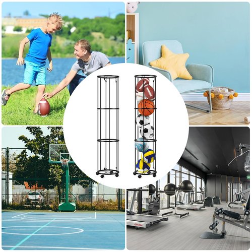 Columnar Vertical Ball Storage Racks with Wheels-NEW Durable 58x13'' Rolling Basketball Holder Wall Mount for Soccer, Volleyball, Space-Saving Garage Sports Ball Rack Organizer for Home,Gym & Outdoors