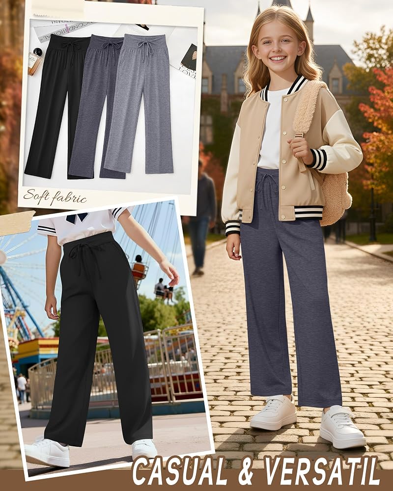3 Pack Girls Wide Leg Sweatpants - Light Gray, Dark Gray, Black 13-14 Years