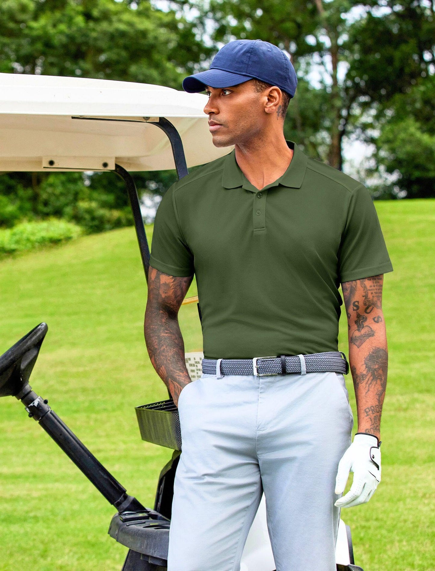 PINSPARK Men's Golf Polo Shirts Moisture Wicking Quick Dry Performance Short Sleeve Collared Shirt Slim Fit Athletic Polos Army Green