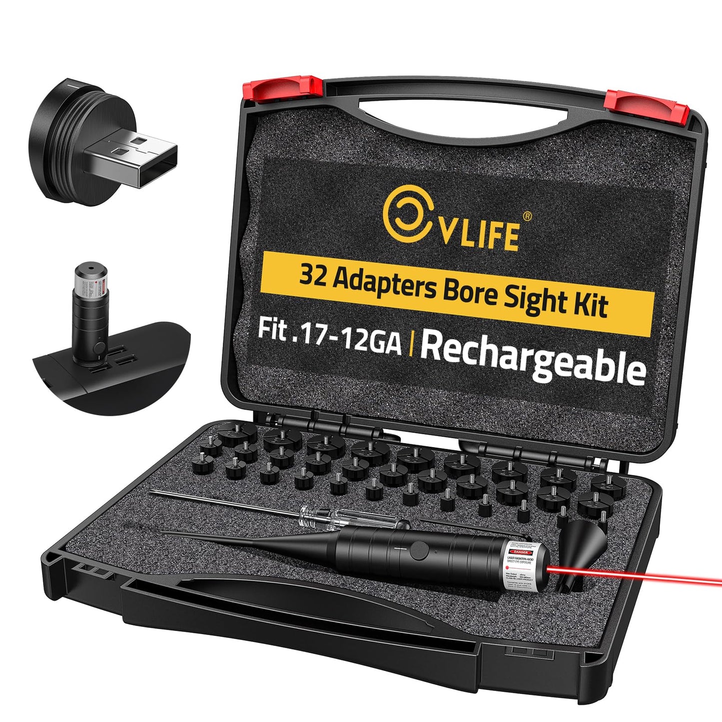 CVLIFE Rechargeable Red Bore Sight Laser with 32 Adapters Laser Bore Sight Fit 0.17 to 12GA Calibers Bore Sight Multi-Caliber Laser Boresighter Kit for Hunting and Shooting