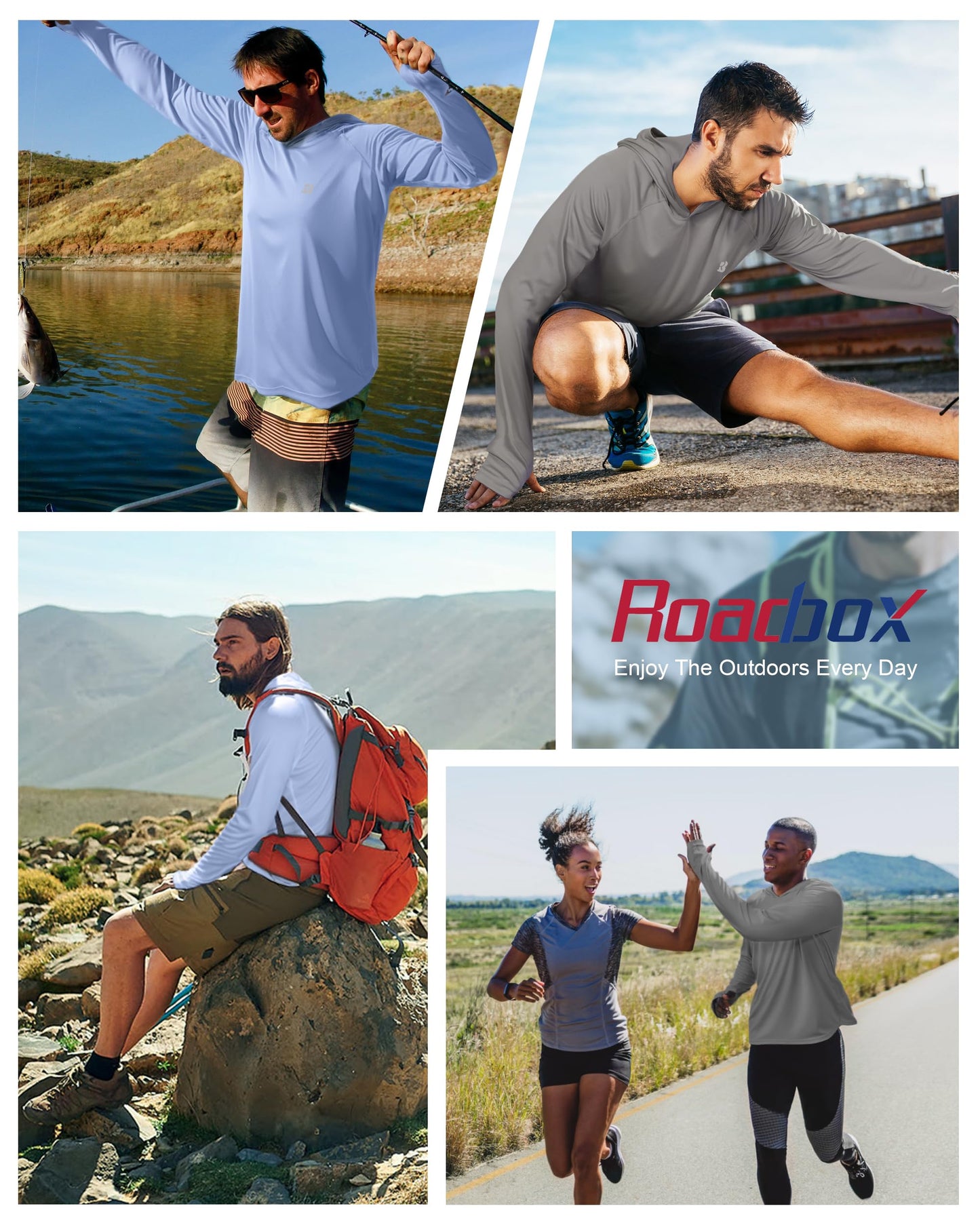 Roadbox Mens Sun Protection Shirts, UPF 50+ Long Sleeve Fishing Shirt with Hood, Lightweight UV SPF Hiking Running Workout Athletic Rash Guard Quick Dry