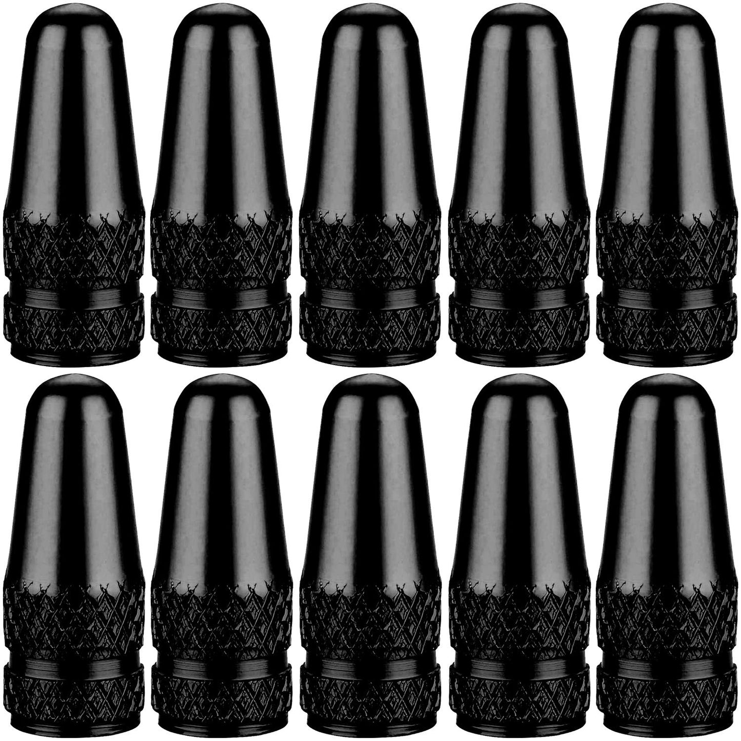 SAMIKIVA (10 Pack) Bike Presta Valve Stem Caps, Chrome Anodized Aluminum, Use On Presta French Valves, Dust caps for MTB Road Racing Bicycle, Rocket Style (Black (10 Pack))