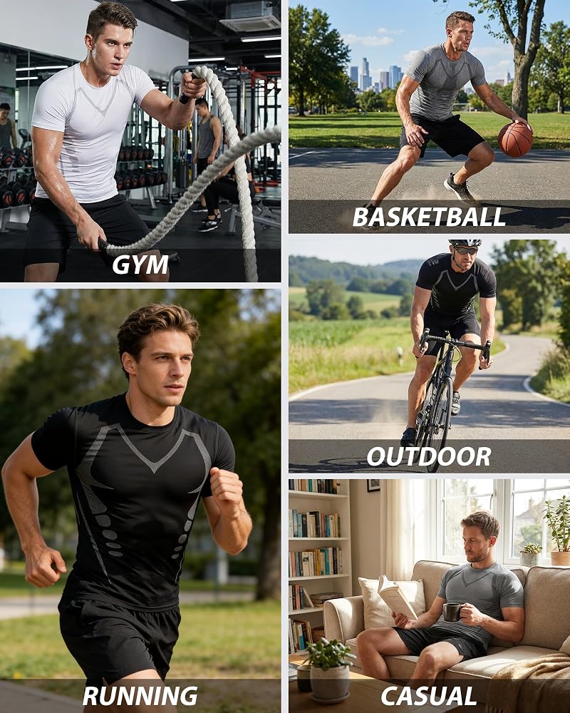 Teepire Quick-Dry Workout Shirts for Men 3Pack - Black, White, Grey, Large