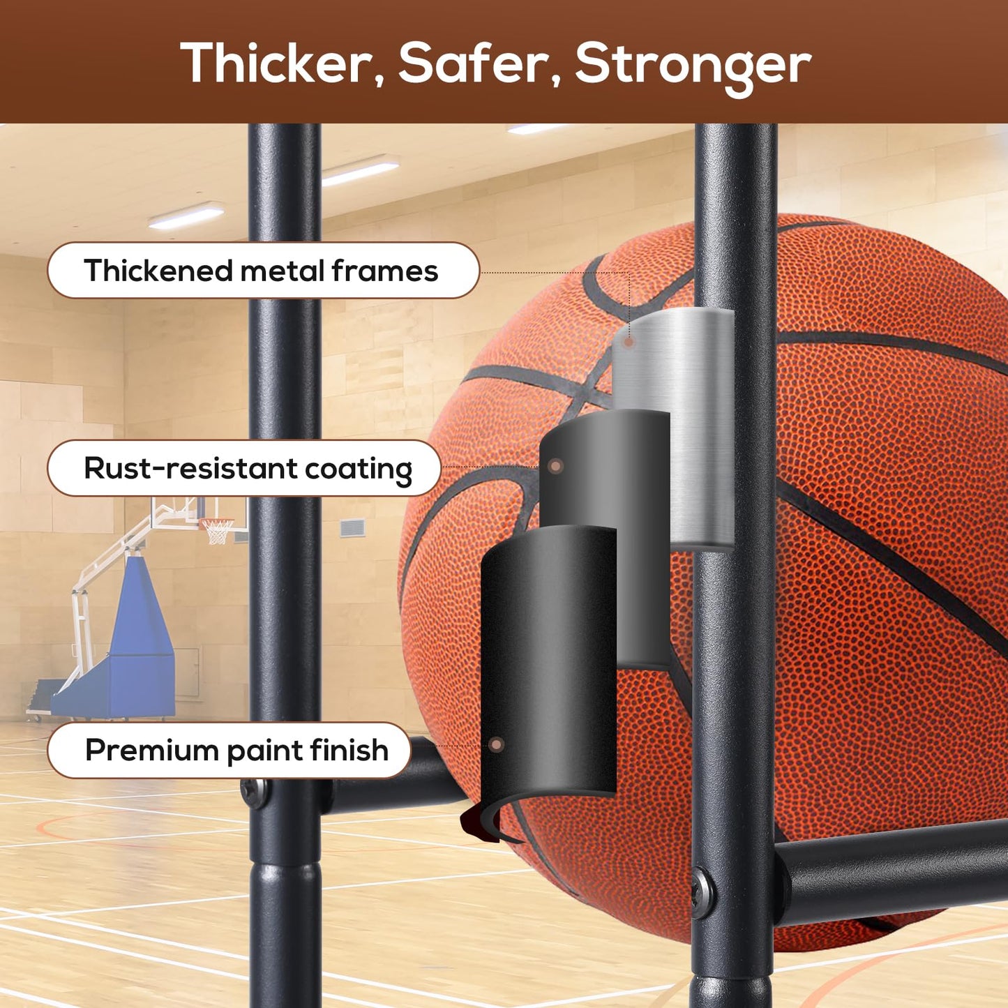 Holbrett Basketball Rack, Rolling Ball Storage Stand with Baseball Bat Holder Storage Cart and Movable Hooks 4-Layer Organizer Holder with Wheels for Volleyball Football Rugby Balls