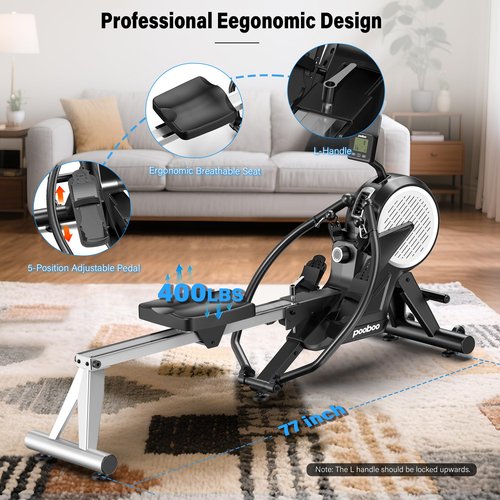 pooboo Full Motion Rowing Machines for Home, Dual Wind & Magnetic Resistance, Foldable Row Machine Up to 400LB Weight Capacity, 14 Levels of Quiet Resistance Rowers for at Home Exercise, App Supported