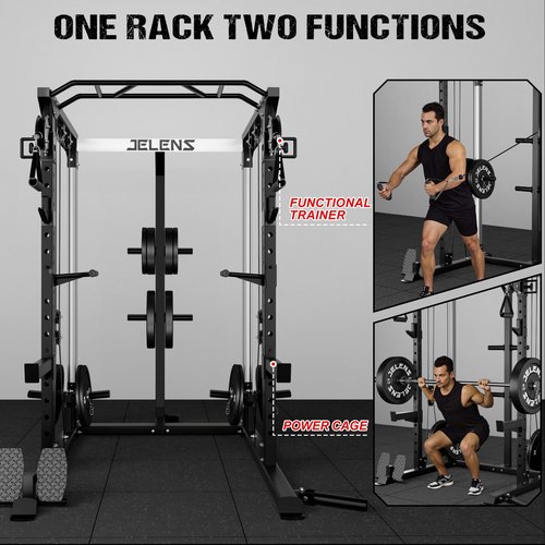 JELENS Power Cage, 2000LBS Multi-Function C21 Power Rack with Dual Pulley Cable Crossover System, All-in-One Squat Rack with More Training Attachments