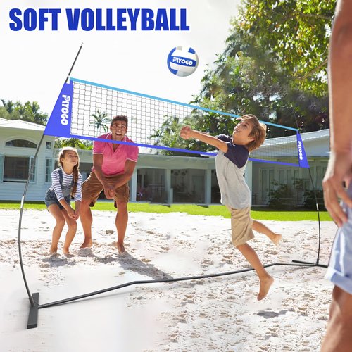 PLYOGO Volleyball Net, 14FT Freestanding Volleyball Net for Backyard, Adjustable Height and Instant Setup, Professional Portable Training Practice Set for Indoor and Outdoor, Volleyball and Carry Bag