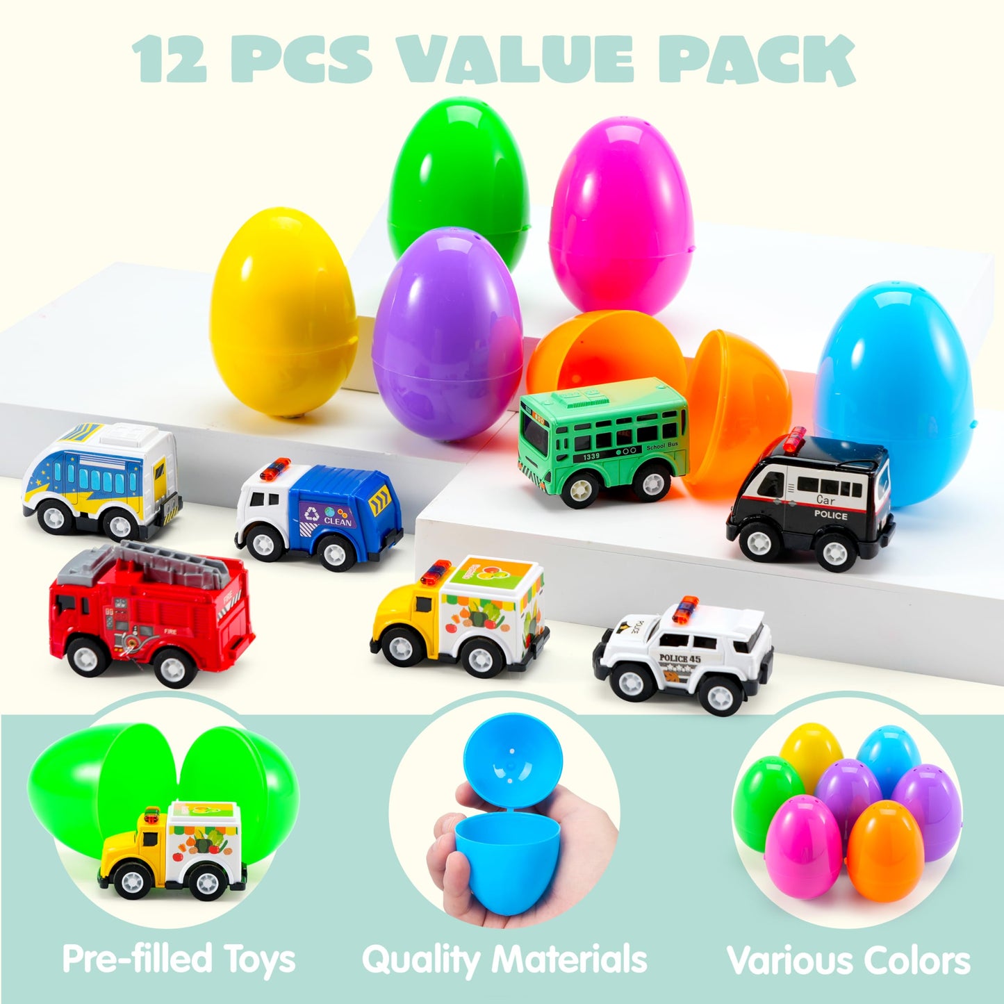 JOYIN 12 Pcs Prefilled Easter Eggs with Toys, Plastic Eggs with Alloy Pull Back Cars, Easter Basket Stuffers, Party Favors for Kids, Classroom Prize Supplies