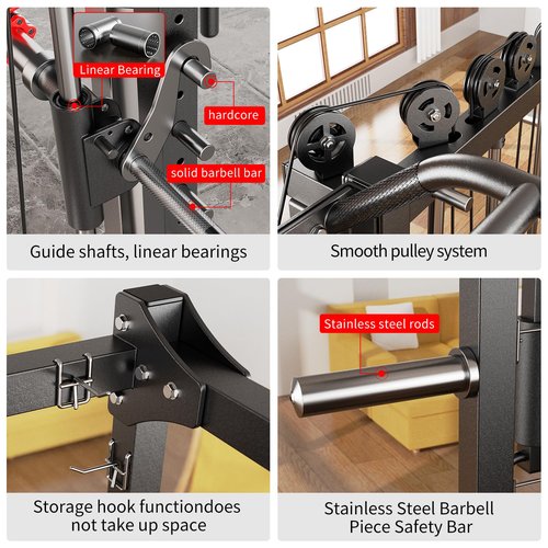 Power Cage Smith Machine Power Rack Multifunctional Deep Squat Rack Cable Crossover System Selectable More Training Attachment for Garage & Home Gym (RED, B Set L07 Smith Machine+Weight Bench)