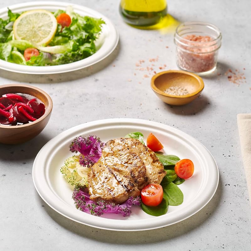 100% Compostable 150 Count 10-Inch Heavy Duty Paper Plates — White, Bagasse, Microwave Safe