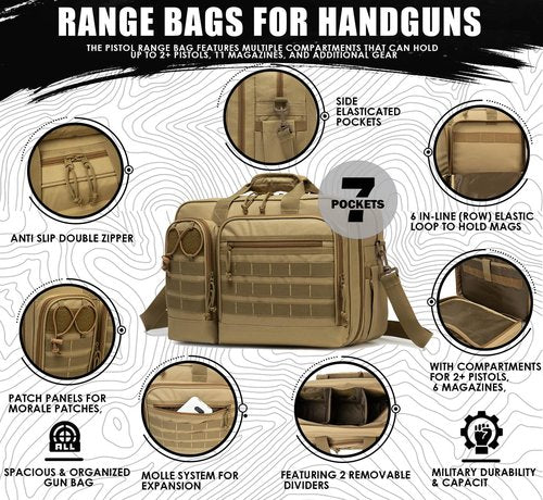 INSSTUID Tactical Gun Range Bag for Handguns and Ammo Pistol Case Shooting Range Backpack Carrying Duffle Bags Magazine Ammo Gear Accessories Molle Pouch for Hunting Shooting Sport Outdoor (Tan)