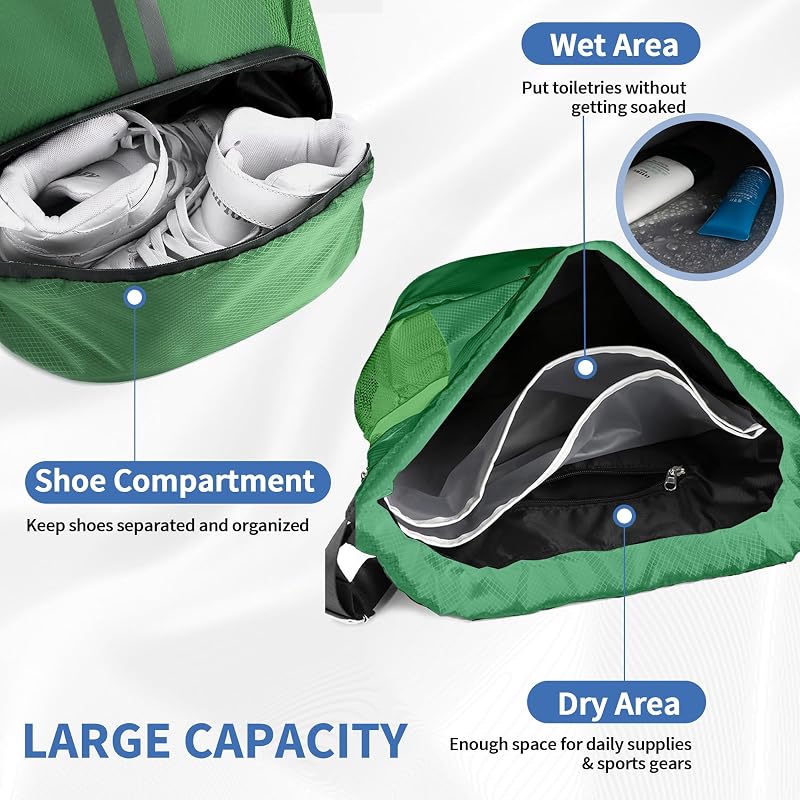 Drawstring Gym Backpack with Shoes Pocket - Dark Green, Large