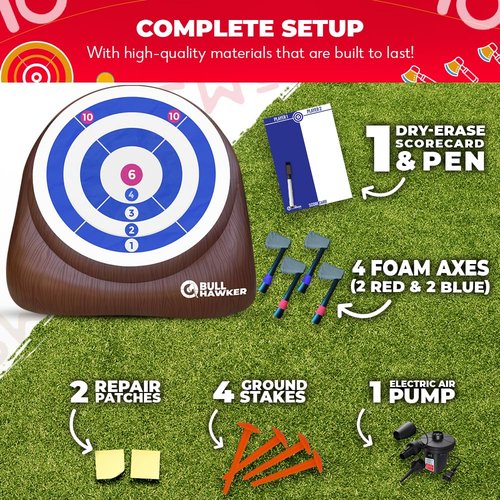 SWOOC Games - Bull Hawker™ | Giant Axe Darts (Over 6ft Tall) w/ 15+ Games | Axe Throwing Game for Backyard w/Air Pump | Outdoor Games for Adults and Family | Carnival Games | Throwing Axe Yard Games
