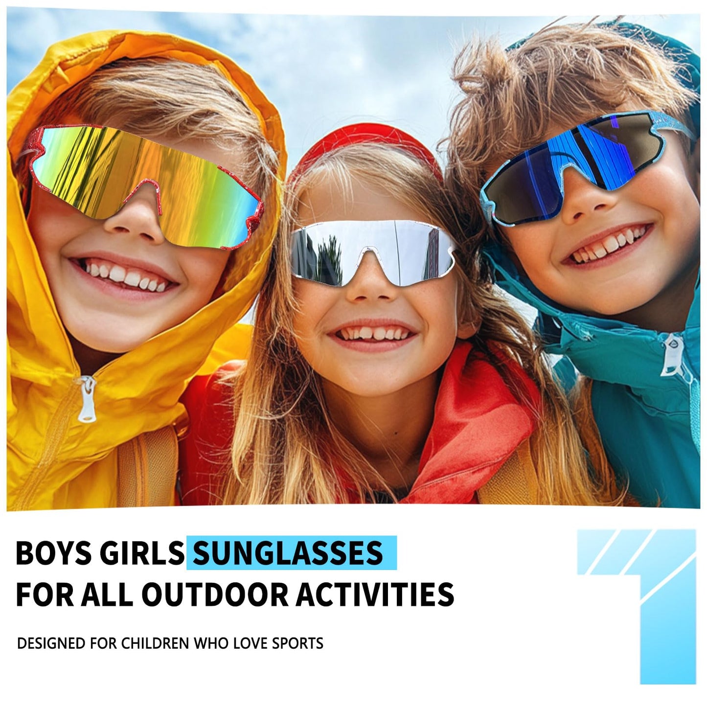 Wapreta 3PACK Kids Sunglasses Youth Baseball Sunglasses for 4-12 Boys Girls Cycling Softball Running UV400 Sports Goggles (Blue Frame + Red Frame + White Frame)