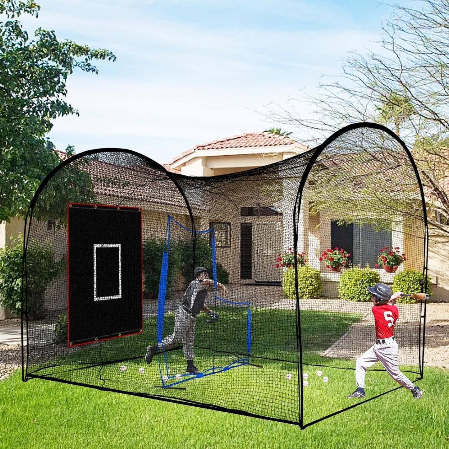 13×10×10FT Baseball Softball Batting Cage, Black Portable Batting Cages for Backyard Outdoor Pitching Practice Net