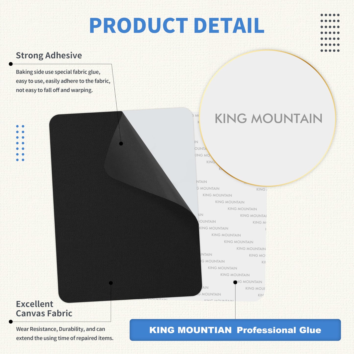 KING MOUNTAIN Canvas Repair Patch 5×8 Inch 8 Pcs Self-Adhesive Waterproof Fabric Patch for Sofas, Tents, Furniture,Tote Bags, Car Seats (Black)