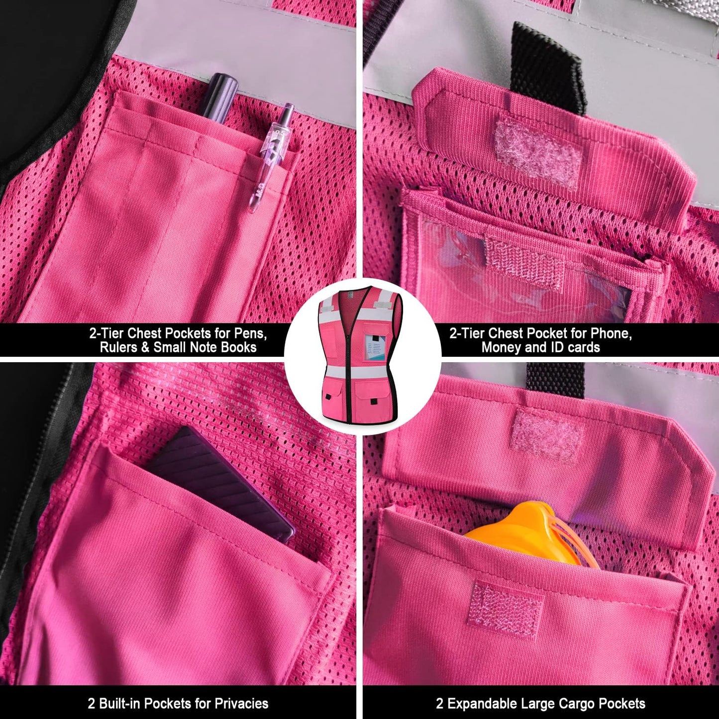 TCCFCCT Women Reflective Vest 11 Pockets High Visibility Mesh Safety Vest for Lady, Neon Construction Work Vest with Zipper, Snug-Fit, Durable with Reinforced Sewing, ANSI Compliant, Pink S