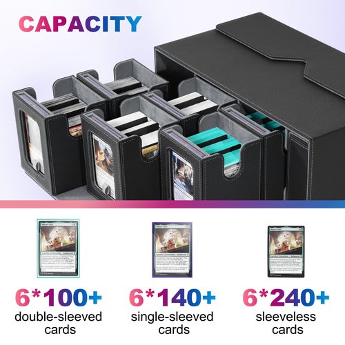 UAONO Commander Deck Box for MTG, 6-Deck Modular Card Case with Dice Tray Holds 600+ Double-sleeved Cards, Removable Trading Cards Storage Box with 35PT Magnetic Card Holders for TCG, Black Grey