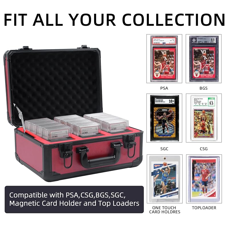 Graded Card Storage Box Red 3-Slot Aluminum Case 14.17x11.2x7 in