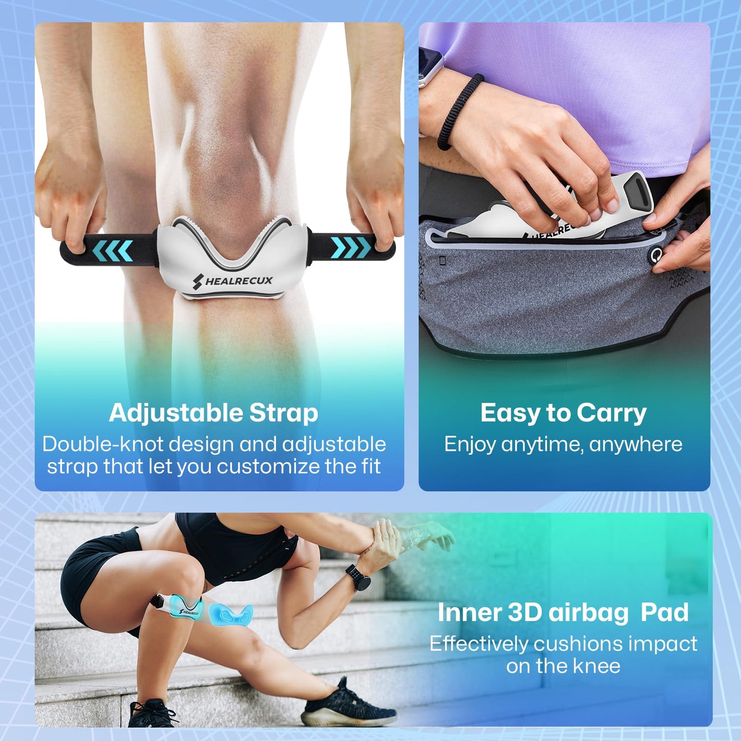 Healrecux Patellar Tendon Support Strap, Silicone Patella Knee Strap, Non-Slip Patella Band Knee Brace for Jumpers Knee, Tendonitis, Basketball, Volleyball - White 1 Pack